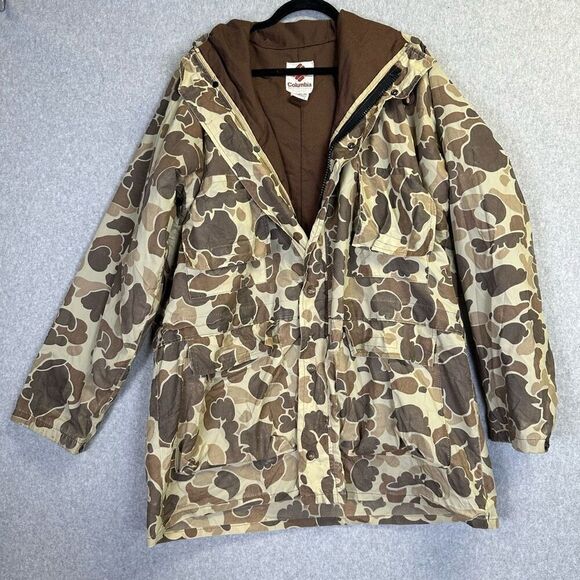 Vintage Columbia Sportswear Mens Large Hooded Coat Green Camo Outdoor Hunting - Picture 1 of 6